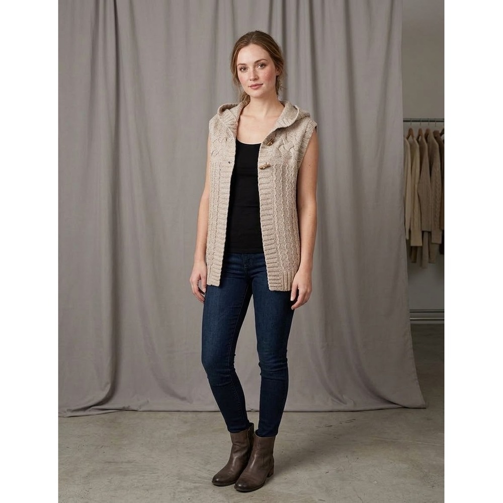 Christopher Banks Hooded Toggle Sweater Vest Women Large Tan Excellent
